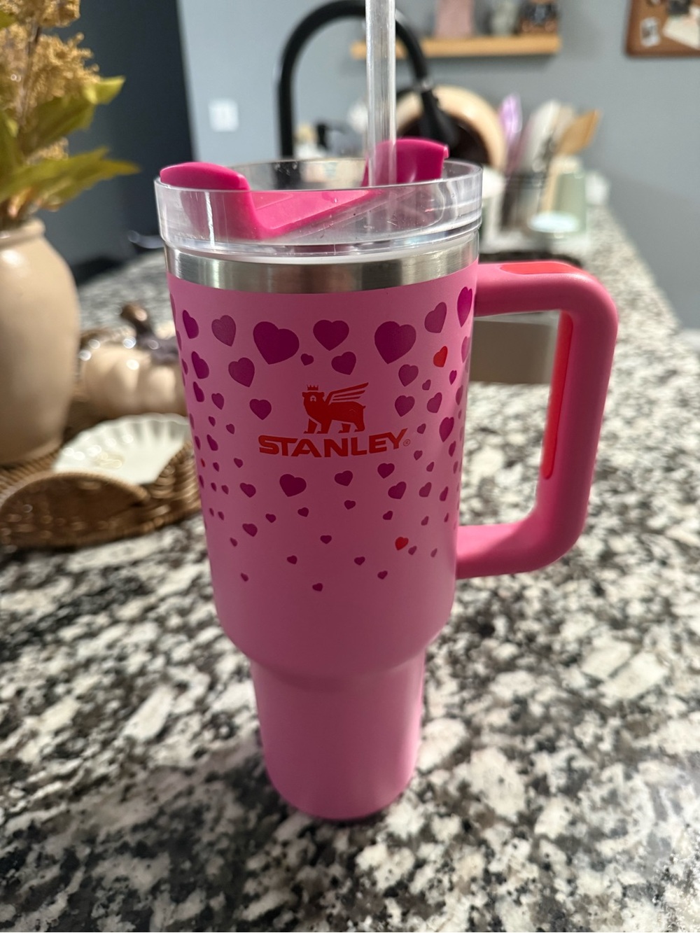Stanley Pink Heart Pattern Insulated Travel Tumbler with Handle